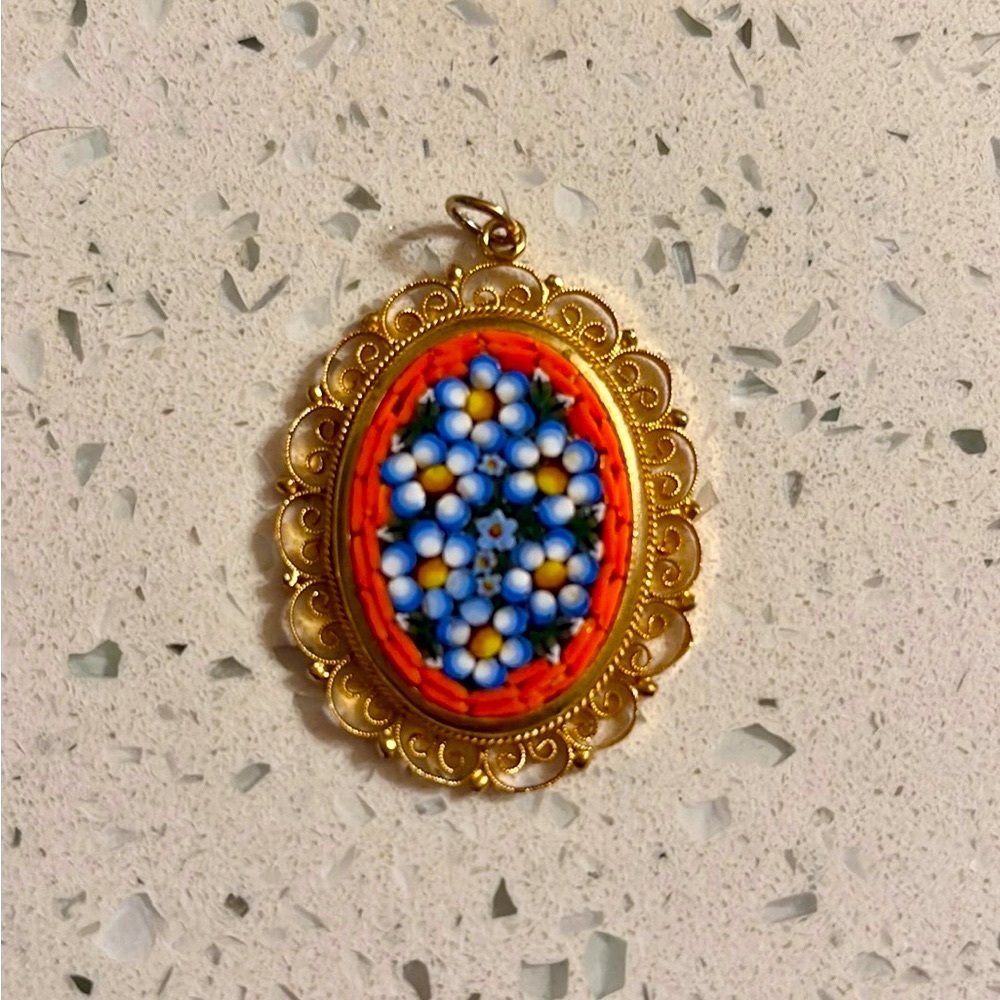 Floral Micro-mosaic Filigree Gold Beaded Vintage Italian Pendant
